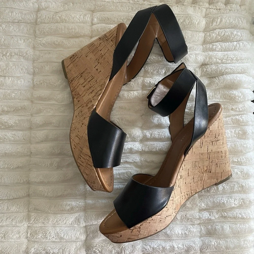 Tommy Hilfiger Womens Black Leather Cork Platform Wedge Sandals Size 10
